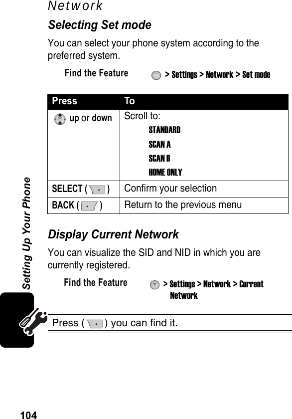 104Setting Up Your PhoneNetworkSelecting Set modeYou can select your phone system according to the preferred system.Display Current NetworkYou can visualize the SID and NID in which you are currently registered.Find the Feature  &gt; Settings &gt; Network &gt; Set modePress To up or downScroll to:STANDARDSCAN ASCAN BHOME ONLYSELECT ( )Confirm your selectionBACK ( )Return to the previous menuFind the Feature  &gt; Settings &gt; Network &gt; Current NetworkPress ( ) you can find it.