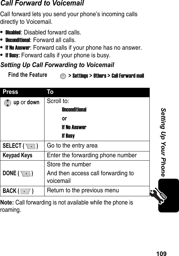 109Setting Up Your PhoneCall Forward to VoicemailCall forward lets you send your phone’s incoming calls directly to Voicemail.•Disabled: Disabled forward calls.•Unconditional: Forward all calls.•If No Answer: Forward calls if your phone has no answer.•If Busy: Forward calls if your phone is busy.Setting Up Call Forwarding to VoicemailNote: Call forwarding is not available while the phone is roaming.Find the Feature  &gt; Settings &gt; Others &gt; Call Forward mailPress To up or downScroll to:UnconditionalorIf No AnswerIf BusySELECT ( )Go to the entry areaKeypad KeysEnter the forwarding phone numberDONE ( )Store the numberAnd then access call forwarding to voicemailBACK ( )Return to the previous menu