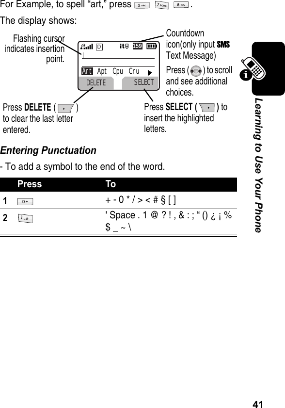 41Learning to Use Your PhoneFor Example, to spell “art,” press      .The display shows:Entering Punctuation- To add a symbol to the end of the word.Press To1+ - 0 * / &gt; &lt; # § [ ]2&apos; Space . 1 @ ? ! , &amp; : ; “ () ¿ ¡ % $ _ ~ \DELETE SELECTDArt   Apt   Cpu   Cru159 Flashing cursorindicates insertionpoint.Press SELECT () to insert the highlighted letters.Countdown icon(only input SMS Text Message)Press ( ) to scroll and see additional choices.Press DELETE () to clear the last letter entered.