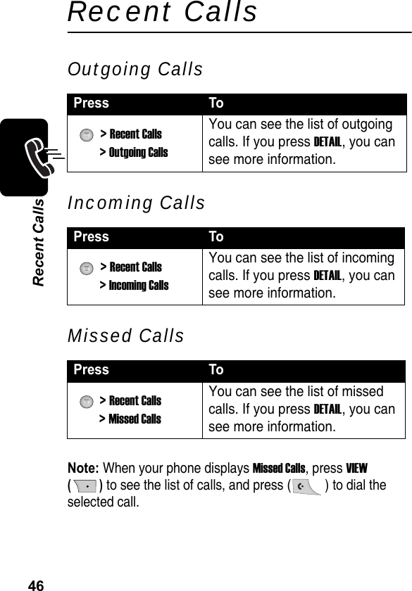 46Recent CallsRecent CallsOutgoing CallsIncoming CallsMissed CallsNote: When your phone displays Missed Calls, press VIEW () to see the list of calls, and press ( ) to dial the selected call.Press To  &gt; Recent Calls &gt; Outgoing CallsYou can see the list of outgoing calls. If you press DETAIL, you can see more information.Press To  &gt; Recent Calls &gt; Incoming CallsYou can see the list of incoming calls. If you press DETAIL, you can see more information.Press To  &gt; Recent Calls &gt; Missed CallsYou can see the list of missed calls. If you press DETAIL, you can see more information.