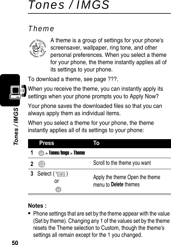 50Tones / IMGSTones / IMGSThemeA theme is a group of settings for your phone&apos;s screensaver, wallpaper, ring tone, and other personal preferences. When you select a theme for your phone, the theme instantly applies all of its settings to your phone.To download a theme, see page ???.When you receive the theme, you can instantly apply its settings when your phone prompts you to Apply Now?Your phone saves the downloaded files so that you can always apply them as individual items. When you select a theme for your phone, the theme instantly applies all of its settings to your phone:Notes :•Phone settings that are set by the theme appear with the value (Set by theme). Changing any 1 of the values set by the theme resets the Theme selection to Custom, though the theme&apos;s settings all remain except for the 1 you changed.Press To1&gt; Tones/Imgs &gt; Theme2Scroll to the theme you want 3Select ( ) or Apply the theme Open the theme menu to Delete themes032380o