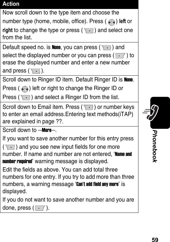 59PhonebookNow scroll down to the type item and choose the number type (home, mobile, office). Press ( ) left or right to change the type or press ( ) and select one from the list.Default speed no. is None, you can press ( ) and select the displayed number or you can press ( ) to erase the displayed number and enter a new number and press ( ).Scroll down to Ringer ID item. Default Ringer ID is None. Press ( ) left or right to change the Ringer ID or Press ( ) and select a Ringer ID from the list.Scroll down to Email item. Press ( ) or number keys to enter an email address.Entering text methods(iTAP) are explained in page ??.Scroll down to ---More---.If you want to save another number for this entry press( ) and you see new input fields for one more number. If name and number are not entered, ‘Name and number required’ warning message is displayed.Edit the fields as above. You can add total three numbers for one entry. If you try to add more than three numbers, a warning message ‘Can’t add field any more’ is displayed.If you do not want to save another number and you are done, press ( ).Action