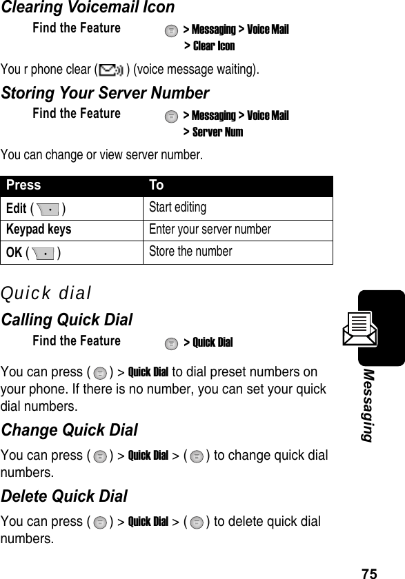 75MessagingClearing Voicemail IconYou r phone clear ( ) (voice message waiting).Storing Your Server NumberYou can change or view server number.Quick dialCalling Quick DialYou can press ( ) &gt; Quick Dial to dial preset numbers on your phone. If there is no number, you can set your quick dial numbers.Change Quick DialYou can press ( ) &gt; Quick Dial &gt; ( ) to change quick dial numbers.Delete Quick DialYou can press ( ) &gt; Quick Dial &gt; ( ) to delete quick dial numbers.Find the Feature  &gt; Messaging &gt; Voice Mail &gt; Clear IconFind the Feature  &gt; Messaging &gt; Voice Mail &gt; Server NumPress ToEdit () Start editingKeypad keysEnter your server numberOK ()Store the numberFind the Feature  &gt; Quick Dial