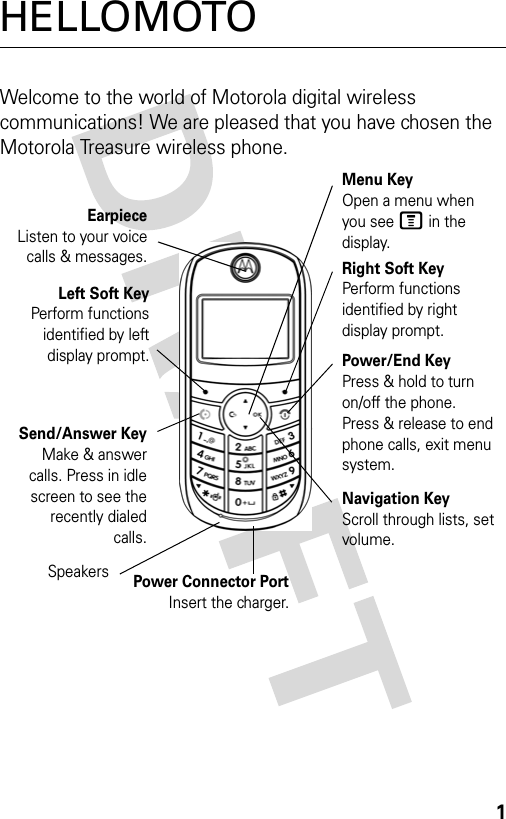 1HELLOMOTOWelcome to the world of Motorola digital wireless communications! We are pleased that you have chosen the Motorola Treasure wireless phone.EarpieceListen to your voicecalls &amp; messages.Left Soft KeyPerform functionsidentified by leftdisplay prompt.Send/Answer KeyMake &amp; answercalls. Press in idlescreen to see therecently dialedcalls.Menu KeyOpen a menu when you see M in the display.Right Soft KeyPerform functions identified by right display prompt.Power/End KeyPress &amp; hold to turn on/off the phone.Press &amp; release to end phone calls, exit menu system.Power Connector PortInsert the charger.Navigation KeyScroll through lists, set volume.Speakers