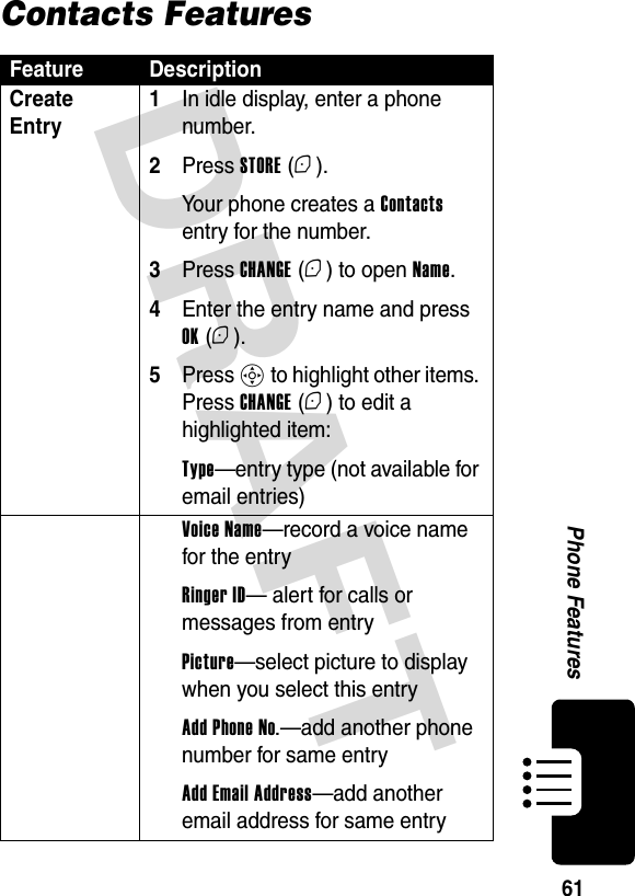  DRAFT Phone Features61Contacts FeaturesFeature DescriptionCreate Entry 1In idle display, enter a phone number.2Press STORE (+).Your phone creates a Contacts entry for the number.3Press CHANGE (+) to open Name.4Enter the entry name and press OK (+).5Press S to highlight other items. Press CHANGE (+) to edit a highlighted item:Type—entry type (not available for email entries)Voice Name—record a voice name for the entryRinger ID— alert for calls or messages from entryPicture—select picture to display when you select this entryAdd Phone No.—add another phone number for same entryAdd Email Address—add another email address for same entry