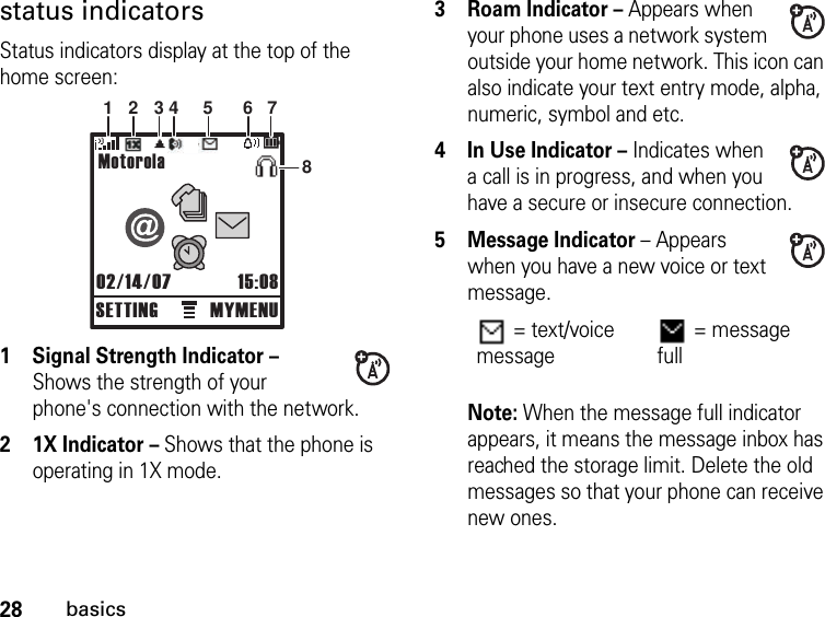 28basicsstatus indicatorsStatus indicators display at the top of the home screen:1 Signal Strength Indicator – Shows the strength of your phone&apos;s connection with the network.2 1X Indicator – Shows that the phone is operating in 1X mode.3 Roam Indicator – Appears when your phone uses a network system outside your home network. This icon can also indicate your text entry mode, alpha, numeric, symbol and etc.4 In Use Indicator – Indicates when a call is in progress, and when you have a secure or insecure connection.5 Message Indicator – Appears when you have a new voice or text message.Note: When the message full indicator appears, it means the message inbox has reached the storage limit. Delete the old messages so that your phone can receive new ones.Motorola02/14/07 15:08SETTING MYMENU1 2 3 4 5 6 78= text/voice message= message full