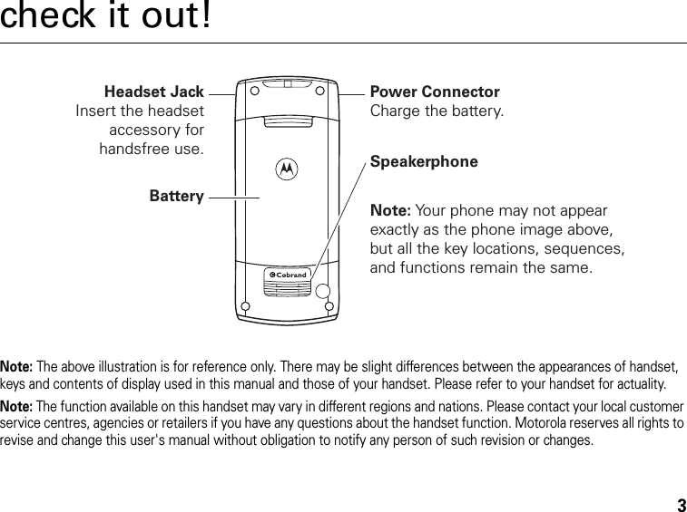 3check it out!Note: The above illustration is for reference only. There may be slight differences between the appearances of handset, keys and contents of display used in this manual and those of your handset. Please refer to your handset for actuality.Note: The function available on this handset may vary in different regions and nations. Please contact your local customer service centres, agencies or retailers if you have any questions about the handset function. Motorola reserves all rights to revise and change this user&apos;s manual without obligation to notify any person of such revision or changes.SpeakerphoneHeadset JackInsert the headsetaccessory forhandsfree use.Power ConnectorCharge the battery.Battery Note: Your phone may not appearexactly as the phone image above, but all the key locations, sequences, and functions remain the same.