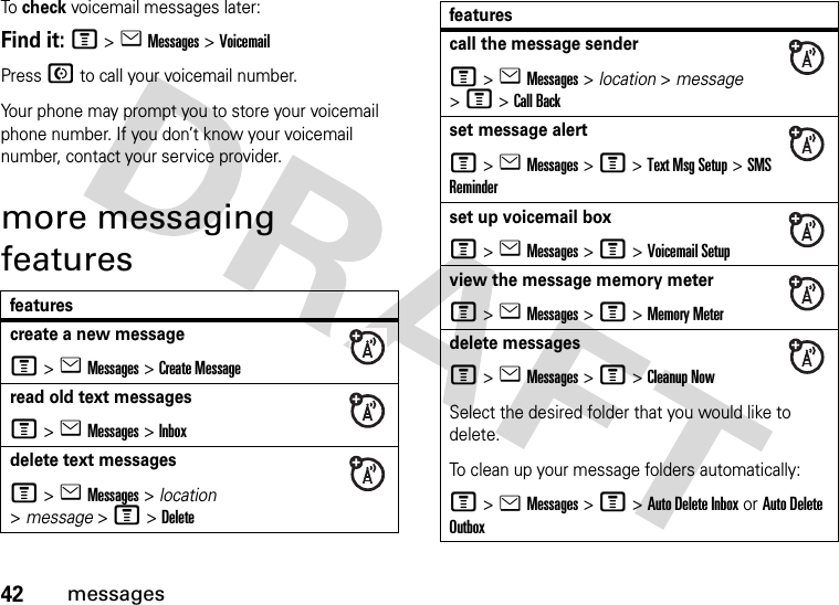 42messagesTo  check voicemail messages later:Find it: M &gt;eMessages &gt;VoicemailPress N to call your voicemail number.Your phone may prompt you to store your voicemail phone number. If you don’t know your voicemail number, contact your service provider.more messaging featuresfeaturescreate a new messageM&gt;eMessages &gt;Create Messageread old text messagesM&gt;eMessages &gt; Inboxdelete text messagesM&gt;eMessages &gt; location &gt; message &gt; M &gt; Deletecall the message senderM&gt;eMessages &gt; location &gt; message &gt; M &gt; Call Backset message alertM&gt;eMessages &gt; M &gt; Text Msg Setup &gt; SMS Reminderset up voicemail boxM&gt;eMessages &gt; M &gt; Voicemail Setupview the message memory meterM&gt;eMessages &gt; M &gt; Memory Meterdelete messagesM&gt;eMessages &gt; M &gt; Cleanup NowSelect the desired folder that you would like to delete.To clean up your message folders automatically:M&gt;eMessages &gt; M &gt; Auto Delete Inbox or Auto Delete Outboxfeatures