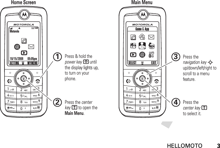  HELLOMOTO3Motorola05:05pmMYMENUSETTING10/15/2008Game &amp; AppEXITSELECTHome Screen Main MenuPress &amp; hold the power keyP until the display lights up, y lights up, to turn on yourphone.2Press thecenter keyMto select it.4Press thenavigation keySup/down/left/right to scroll to a menu feature.3Press the centerkeyM to open the Main Menu.1