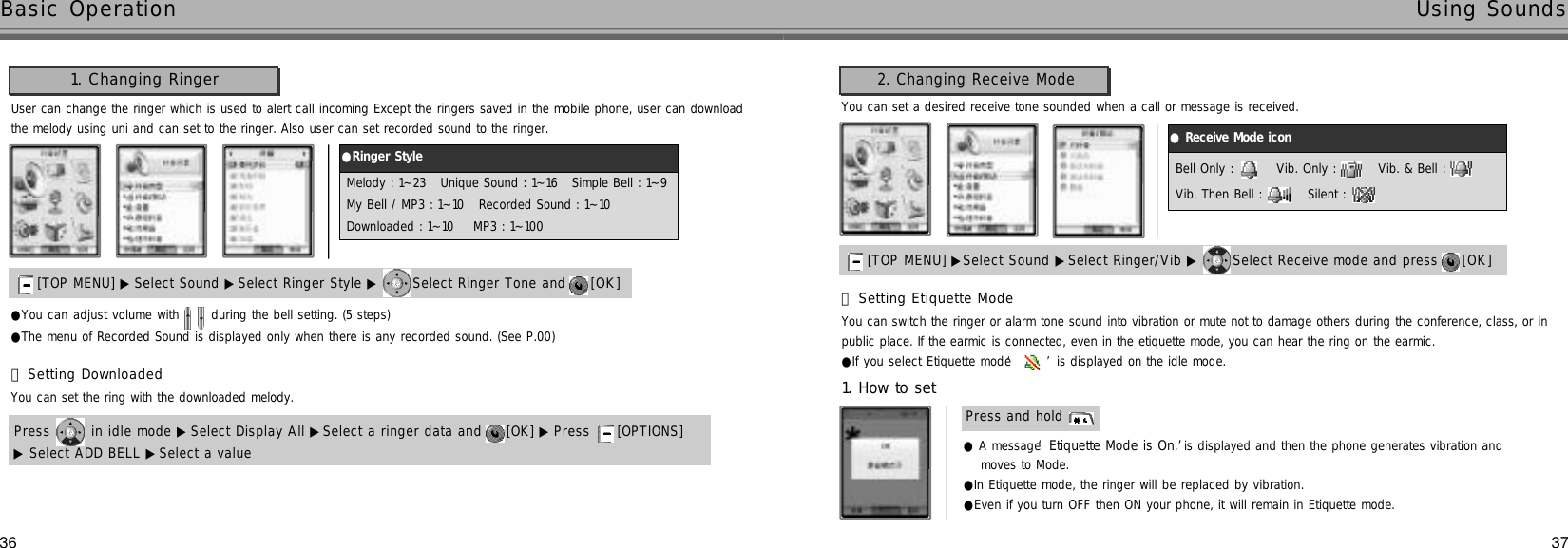 37Using SoundsUser can change the ringer which is used to alert call incoming Except the ringers saved in the mobile phone, user can downloadthe melody using uni and can set to the ringer. Also user can set recorded sound to the ringer.1. Changing Ringer[TOP MENU] ▶ Select Sound ▶ Select Ringer Style ▶ Select Ringer Tone and  [ O K ]●You can adjust volume with  during the bell setting. (5 steps)●The menu of Recorded Sound is displayed only when there is any recorded sound. (See P.00)You can set the ring with the downloaded melody.Press  in idle mode ▶ Select Display All ▶Select a ringer data and  [OK] ▶ Press  [OPTIONS] ▶Select ADD BELL ▶Select a value󰞃Setting Downloaded36Basic OperationYou can set a desired receive tone sounded when a call or message is received.2. Changing Receive Mode[TOP MENU] ▶Select Sound ▶Select Ringer/Vib ▶ Select Receive mode and press  [ O K ]Bell Only :  Vib. Only :  Vib. &amp; Bell : Vib. Then Bell :  Silent : ●Receive Mode icon●A message ‘Etiquette Mode is On.’is displayed and then the phone generates vibration and moves to Mode.●In Etiquette mode, the ringer will be replaced by vibration.●Even if you turn OFF then ON your phone, it will remain in Etiquette mode.You can switch the ringer or alarm tone sound into vibration or mute not to damage others during the conference, class, or inpublic place. If the earmic is connected, even in the etiquette mode, you can hear the ring on the earmic.●If you select Etiquette mode ‘’is displayed on the idle mode.󰞃Setting Etiquette Mode1. How to setPress and hold Melody : 1~23   Unique Sound : 1~16   Simple Bell : 1~9My Bell / MP3 : 1~10   Recorded Sound : 1~10Downloaded : 1~10    MP3 : 1~100●Ringer Style