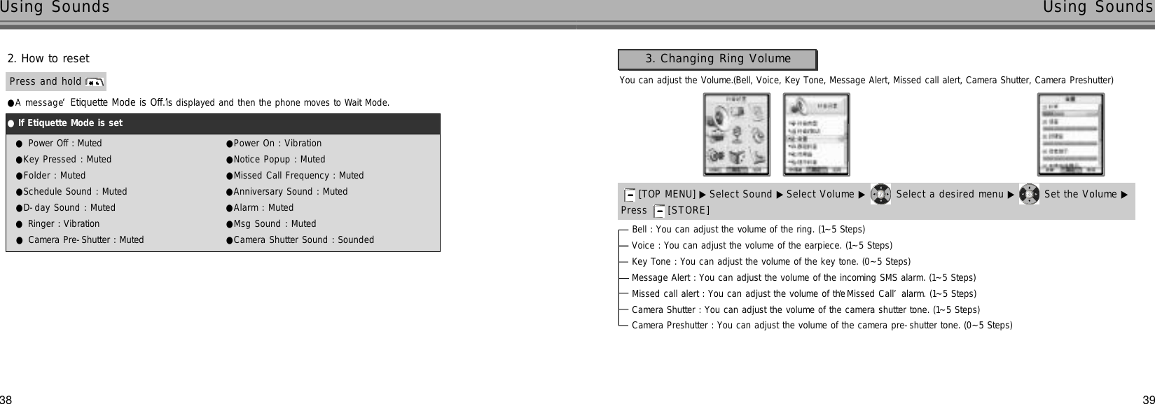 39Using SoundsUsing Sounds382. How to reset●A message ‘Etiquette Mode is Off.’is displayed and then the phone moves to Wait Mode.Press and hold●Power Off : Muted ●Power On : Vibration●Key Pressed : Muted ●Notice Popup : Muted●Folder : Muted ●Missed Call Frequency : Muted●Schedule Sound : Muted ●Anniversary Sound : Muted●D-day Sound : Muted ●Alarm : Muted●Ringer : Vibration ●Msg Sound : Muted●Camera Pre-Shutter : Muted ●Camera Shutter Sound : Sounded●If Etiquette Mode is setYou can adjust the Volume.(Bell, Voice, Key Tone, Message Alert, Missed call alert, Camera Shutter, Camera Preshutter)3. Changing Ring Volume[TOP MENU] ▶ Select Sound ▶Select Volume ▶ Select a desired menu ▶ Set the Volume ▶Press  [ S T O R E ]Bell : You can adjust the volume of the ring. (1~5 Steps)Voice : You can adjust the volume of the earpiece. (1~5 Steps) Key Tone : You can adjust the volume of the key tone. (0~5 Steps)Message Alert : You can adjust the volume of the incoming SMS alarm. (1~5 Steps)Missed call alert : You can adjust the volume of the ‘Missed Call’alarm. (1~5 Steps)Camera Shutter : You can adjust the volume of the camera shutter tone. (1~5 Steps)Camera Preshutter : You can adjust the volume of the camera pre-shutter tone. (0~5 Steps)