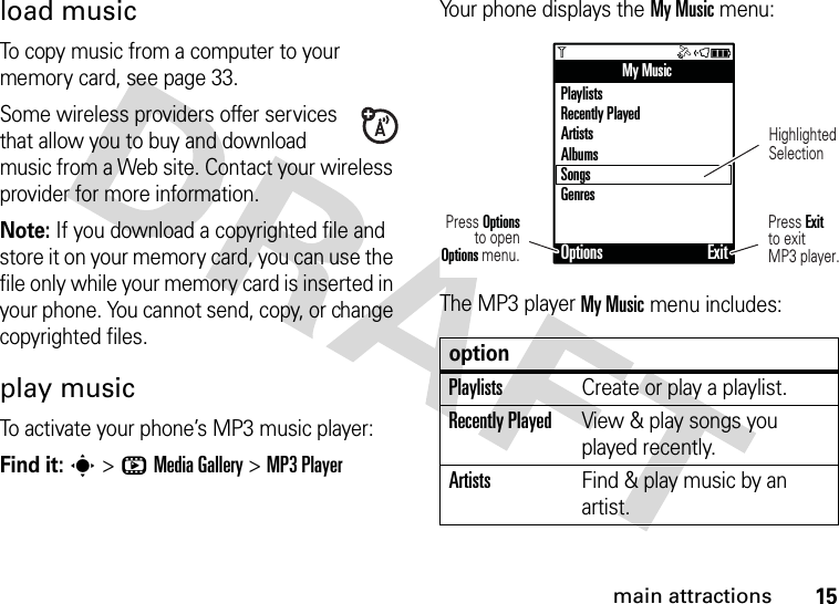 15main attractionsload musicTo copy music from a computer to your memory card, see page 33.Some wireless providers offer services that allow you to buy and download music from a Web site. Contact your wireless provider for more information.Note: If you download a copyrighted file and store it on your memory card, you can use the file only while your memory card is inserted in your phone. You cannot send, copy, or change copyrighted files.play musicTo activate your phone’s MP3 music player:Find it: s &gt;hMedia Gallery &gt;MP3 PlayerYour phone displays the My Music menu:The MP3 player My Music menu includes:optionPlaylistsCreate or play a playlist.Recently PlayedView &amp; play songs you played recently.ArtistsFind &amp; play music by an artist.My MusicPlaylistsRecently PlayedArtistsAlbumsSongsGenresOptions ExitHighlightedSelectionPress Exitto exitMP3 player.Press Optionsto openOptions menu.