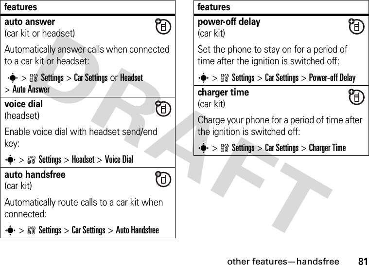 other features—handsfree81auto answer(car kit or headset)Automatically answer calls when connected to a car kit or headset: s&gt;wSettings &gt;Car Settings or Headset &gt;Auto Answervoice dial(headset)Enable voice dial with headset send/end key:s&gt;wSettings &gt;Headset &gt;Voice Dialauto handsfree(car kit)Automatically route calls to a car kit when connected:s&gt;wSettings &gt;Car Settings &gt;Auto Handsfreefeaturespower-off delay(car kit)Set the phone to stay on for a period of time after the ignition is switched off:s&gt;wSettings &gt;Car Settings &gt;Power-off Delaycharger time(car kit)Charge your phone for a period of time after the ignition is switched off:s &gt;wSettings &gt;Car Settings &gt;Charger Timefeatures