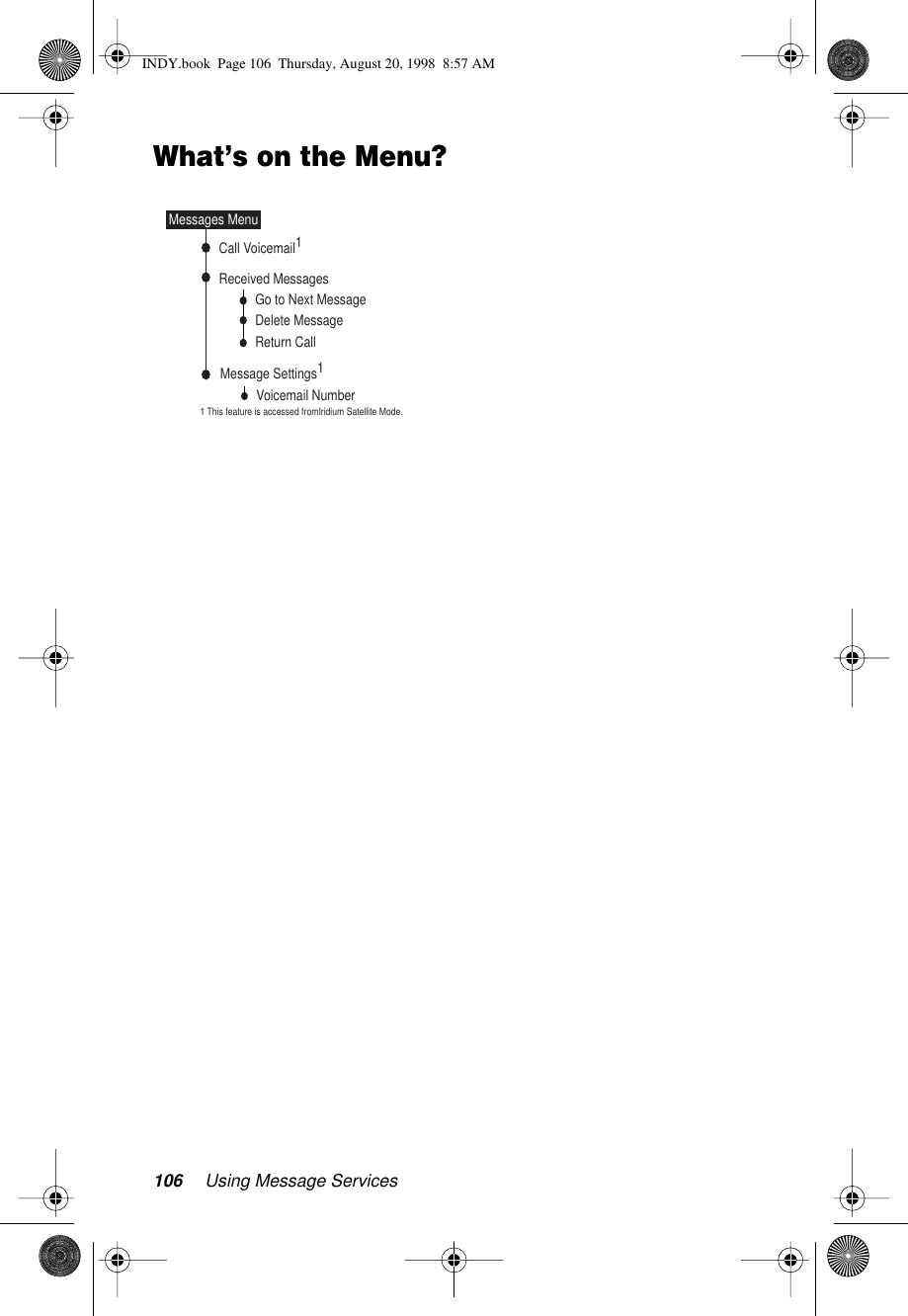 106 Using Message ServicesWhat’s on the Menu?Voicemail NumberMessage Settings1Received MessagesCall Voicemail1Go to Next MessageDelete MessageReturn CallMessages Menu1 This feature is accessed fromIridium Satellite Mode.INDY.book  Page 106  Thursday, August 20, 1998  8:57 AM