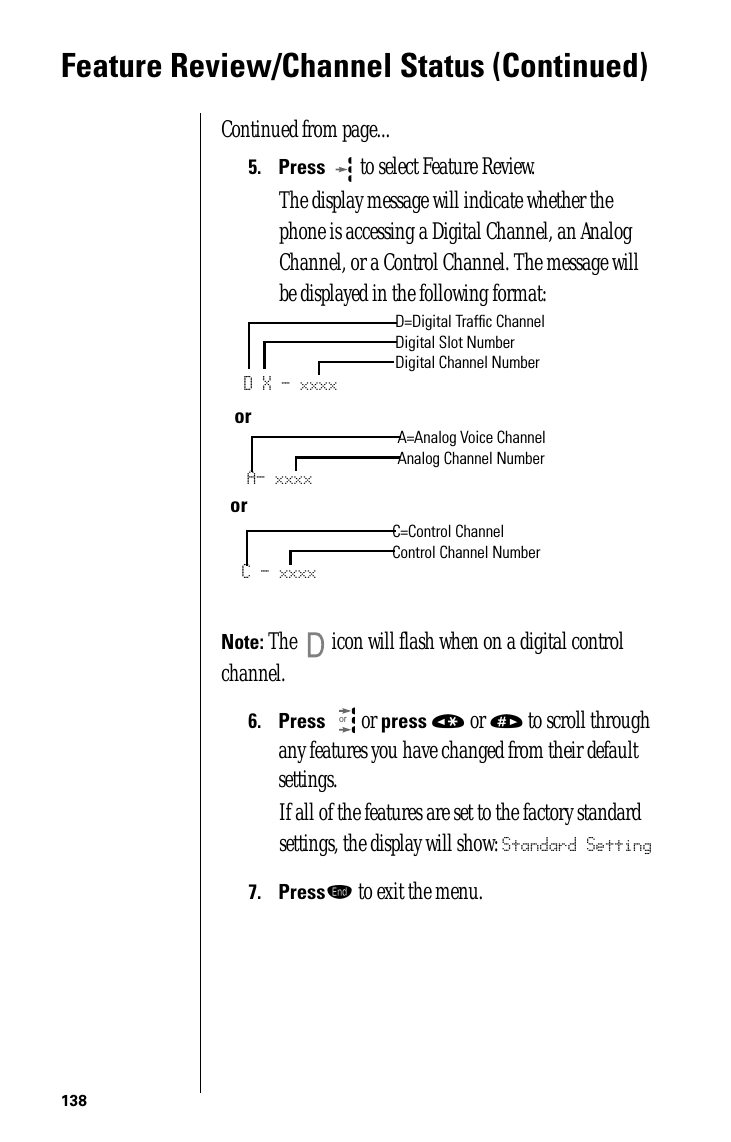 138Feature Review/Channel Status (Continued)Continued from page...5.Press  to select Feature Review.The display message will indicate whether the phone is accessing a Digital Channel, an Analog Channel, or a Control Channel. The message will be displayed in the following format:Note: The   icon will flash when on a digital control channel.6.Press  or press « or » to scroll through any features you have changed from their default settings.If all of the features are set to the factory standard settings, the display will show: Standard Setting7.Pressº to exit the menu.D X - xxxx D=Digital Trafﬁc ChannelDigital Slot Number Digital Channel NumberA- xxxxA=Analog Voice ChannelAnalog Channel NumberC - xxxxC=Control ChannelControl Channel Numberororor