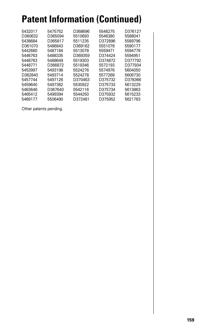 159Patent Information (Continued)5432017D3606325438684D36107054426805446763544876354487715453997D362840545774454596405463646546541254691775475752D365094D3658175486843548718454883355488649D3668725493198549371454971265497382D36764054993945506490D36869655106935511235D3691625513078D3693595519303551934655242765524278D370463553092255421165544250D37248155462755546380D37289655510785559471D374424D374872557219355749765577268D375732D375733D375734D375932D375952D37612755880415589796559017755947785594951D377792D37793456040505606730D3783665613229561386356152335621763Other patents pending.