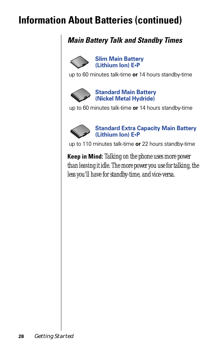 28 Getting StartedInformation About Batteries (continued)Main Battery Talk and Standby TimesKeep in Mind: Talking on the phone uses more power than leaving it idle. The more power you use for talking, the less you’ll have for standby-time, and vice-versa.Standard Main Battery (Nickel Metal Hydride)up to 60 minutes talk-time or 14 hours standby-timeStandard Extra Capacity Main Battery(Lithium Ion) E•Pup to 110 minutes talk-time or 22 hours standby-timeSlim Main Battery(Lithium Ion) E•Pup to 60 minutes talk-time or 14 hours standby-time