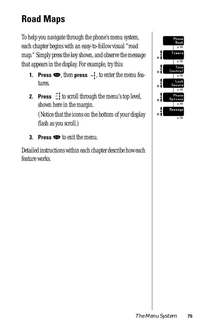 The Menu System 75Road MapsTo help you navigate through the phone’s menu system, each chapter begins with an easy-to-follow visual “road map.” Simply press the key shown, and observe the message that appears in the display. For example, try this:1.Press ƒ, then press  , to enter the menu fea-tures. 2.Press   to scroll through the menu’s top level, shown here in the margin.(Notice that the icons on the bottom of your display ﬂash as you scroll.)3.Press º to exit the menu.Detailed instructions within each chapter describe how each feature works.            p. XXPhoneBook            p. XXTimers            p. XXToneControl            p. XXLockSecure            p. XXPhoneOptions            p. XXMessageor