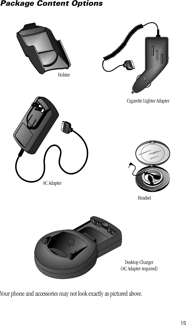 15Package Content OptionsYour phone and accessories may not look exactly as pictured above.HolsterCigarette Lighter AdapterAC AdapterHeadsetDesktop Charger(AC Adapter required)