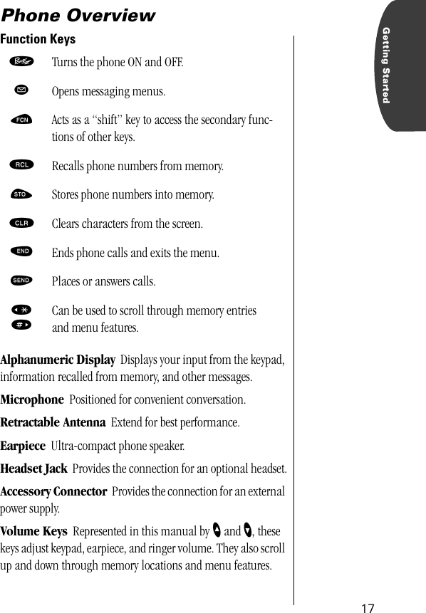  17 Getting Started Phone Overview Function Keys Alphanumeric Display    Displays your input from the keypad, information recalled from memory, and other messages. Microphone    Positioned for convenient conversation. Retractable Antenna    Extend for best performance. Earpiece    Ultra-compact phone speaker. Headset Jack    Provides the connection for an optional headset. Accessory Connector    Provides the connection for an external power supply. Volume Keys    Represented in this manual by   ”   and  ’ ,   these keys adjust keypad, earpiece, and ringer volume. They also scroll up and down through memory locations and menu features. ¡ Turns the phone ON and OFF. ø Opens messaging menus. ƒ Acts as a “shift” key to access the secondary func-tions of other keys. ‰ Recalls phone numbers from memory. ¬ Stores phone numbers into memory. Ç Clears characters from the screen. º Ends phone calls and exits the menu. æ Places or answers calls. «» Can be used to scroll through memory entriesand menu features.