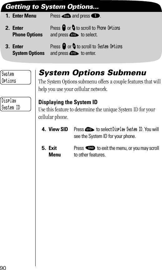 90Getting to System Options...1. Enter Menu Press ƒ and press ⁄.2. EnterPhone OptionsPress qqqq or ’ to scroll to Phone Optionsand press ¬ to select.3. EnterSystem OptionsPress qqqq or ’ to scroll to System Optionsand press ¬ to enter.System Options SubmenuThe System Options submenu offers a couple features that will help you use your cellular network.Displaying the System IDUse this feature to determine the unique System ID for your cellular phone.4. View SID Press ¬ to select Display System ID. You will see the System ID for your phone.5. ExitMenuPress º to exit the menu, or you may scroll to other features.SystemOptionsDisplaySystem ID