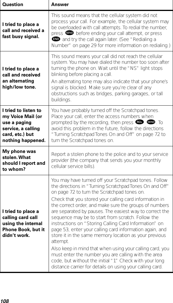 108I tried to place a call and received a fast busy signal.This sound means that the cellular system did not process your call. For example, the cellular system may be overloaded with call attempts. To redial the number, press æ before ending your call attempt, or press º and try the call again later. (See “Redialing a Number” on page 29 for more information on redialing.)I tried to place a call and received an alternating high/low tone.This sound means your call did not reach the cellular system. You may have dialed the number too soon after turning the phone on. Wait until the “NS” light stops blinking before placing a call.An alternating tone may also indicate that your phone’s signal is blocked. Make sure you’re clear of any obstructions such as bridges, parking garages, or tall buildings.I tried to listen to my Voice Mail (or use a paging service, a calling card, etc.) but nothing happened.You have probably turned off the Scratchpad tones. Place your call, enter the access numbers when prompted by the recording, then press ‰ æ. To avoid this problem in the future, follow the directions “Turning Scratchpad Tones On and Off” on page 72 to turn the Scratchpad tones on.My phone was stolen. What should I report and to whom?Report a stolen phone to the police and to your service provider (the company that sends you your monthly cellular service bills).I tried to place a calling card call using the internal Phone Book, but it didn’t work.You may have turned off your Scratchpad tones. Follow the directions in “Turning Scratchpad Tones On and Off” on page 72 to turn the Scratchpad tones on. Check that you stored your calling card information in the correct order, and make sure the groups of numbers are separated by pauses. The easiest way to correct the sequence may be to start from scratch. Follow the instructions on “Storing Calling Card Information” on page 53, enter your calling card information again, and store it in the same memory location as your previous attempt.Also keep in mind that when using your calling card, you must enter the number you are calling with the area code, but without the initial “1.” Check with your long distance carrier for details on using your calling card.Question Answer