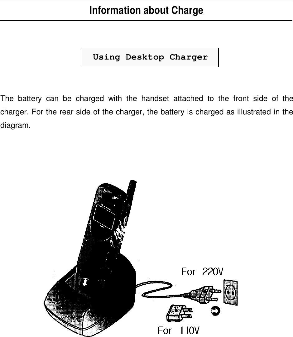 Information about ChargeUsing Desktop ChargerThe battery can be charged with the handset attached to the front side of thecharger. For the rear side of the charger, the battery is charged as illustrated in thediagram.