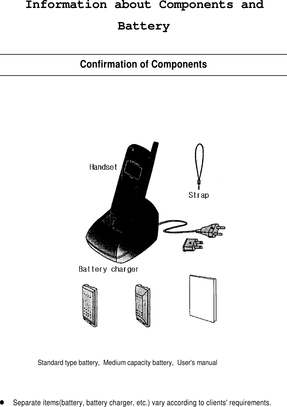 Information about Components andBatteryConfirmation of ComponentsStandard type battery,  Medium capacity battery,  User&apos;s manuall Separate items(battery, battery charger, etc.) vary according to clients&apos; requirements.