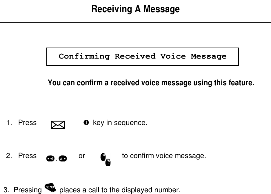 Receiving A MessageConfirming Received Voice MessageYou can confirm a received voice message using this feature.1. Press è ¶  key in sequence.2. Press or to confirm voice message.  3.  Pressing  places a call to the displayed number.