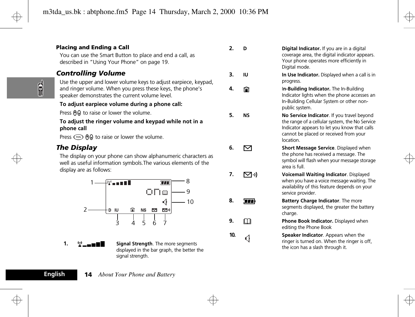 About Your Phone and Battery14EnglishPlacing and Ending a CallYou can use the Smart Button to place and end a call, as described in “Using Your Phone” on page 19.Controlling VolumeUse the upper and lower volume keys to adjust earpiece, keypad, and ringer volume. When you press these keys, the phone’s speaker demonstrates the current volume level.To adjust earpiece volume during a phone call:Press qZ to raise or lower the volume.To adjust the ringer volume and keypad while not in a phone callPress Ä qZ to raise or lower the volume.The DisplayThe display on your phone can show alphanumeric characters as well as useful information symbols.The various elements of the display are as follows:1. rx Signal Strength. The more segments displayed in the bar graph, the better the signal strength.DNSIUB123 4 56789102. D Digital Indicator. If you are in a digital coverage area, the digital indicator appears. Your phone operates more efficiently in Digital mode.3. IU In Use Indicator. Displayed when a call is in progress.4. nIn-Building Indicator. The In-Building Indicator lights when the phone accesses an In-Building Cellular System or other non-public system.5. NS No Service Indicator. If you travel beyond the range of a cellular system, the No Service Indicator appears to let you know that calls cannot be placed or received from your location.6. oShort Message Service. Displayed when the phone has received a message. The symbol will flash when your message storage area is full.7. pVoicemail Waiting Indicator. Displayed when you have a voice message waiting. The availability of this feature depends on your service provider.8. qBattery Charge Indicator. The more segments displayed, the greater the battery charge.9. BPhone Book Indicator. Displayed when editing the Phone Book10. Speaker Indicator. Appears when the ringer is turned on. When the ringer is off, the icon has a slash through it.m3tda_us.bk : abtphone.fm5  Page 14  Thursday, March 2, 2000  10:36 PM