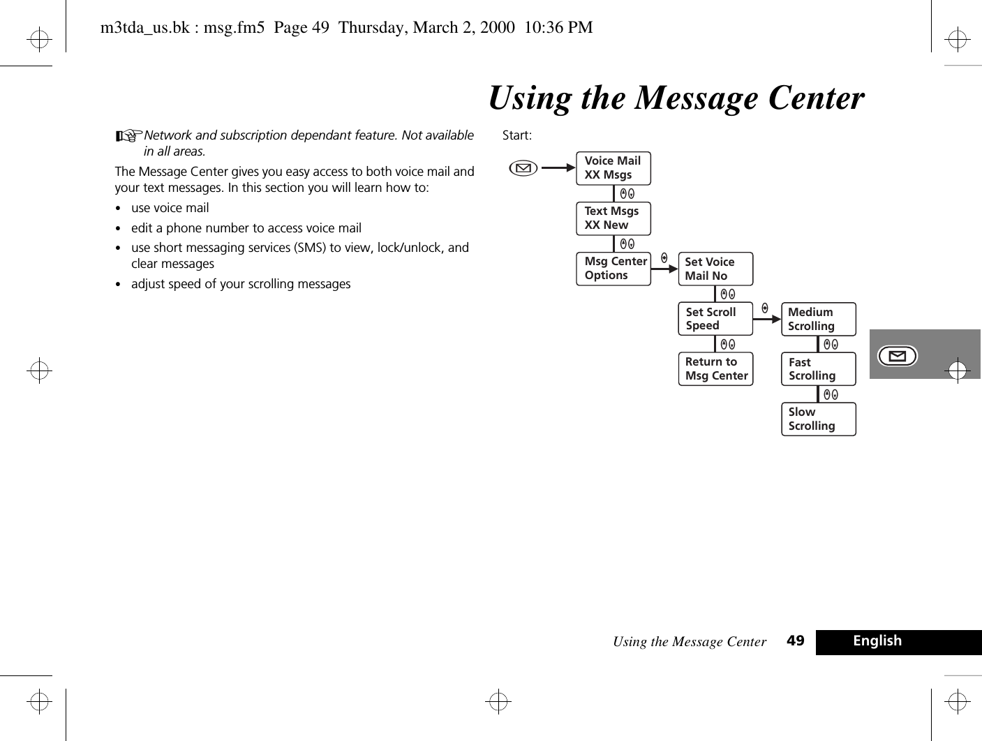 Using the Message Center 49 EnglishUsing the Message CenterANetwork and subscription dependant feature. Not available in all areas.The Message Center gives you easy access to both voice mail and your text messages. In this section you will learn how to:•use voice mail•edit a phone number to access voice mail•use short messaging services (SMS) to view, lock/unlock, and clear messages•adjust speed of your scrolling messagesStart: Voice MailXX MsgsSet VoiceMail NoSet ScrollSpeedReturn toMsg CenterText MsgsXX NewMsg CenterOptions¿QZaQZQZQZMediumScrollingFastScrollingSlowScrollingQZQZam3tda_us.bk : msg.fm5  Page 49  Thursday, March 2, 2000  10:36 PM