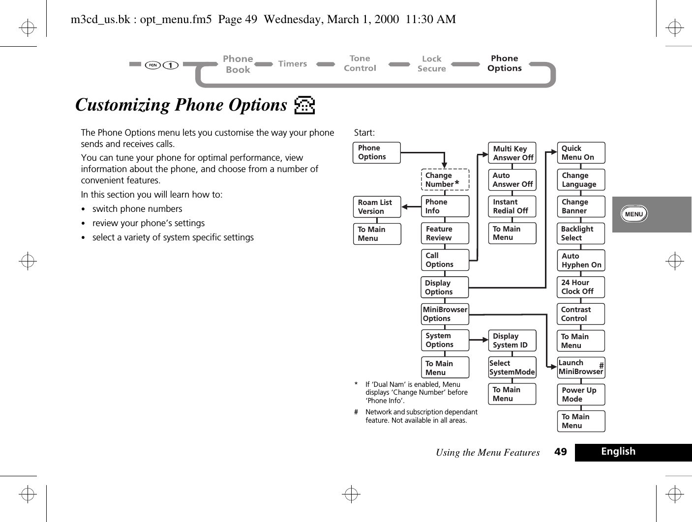 Using the Menu Features 49 EnglishCustomizing Phone Options PThe Phone Options menu lets you customise the way your phone sends and receives calls. You can tune your phone for optimal performance, view information about the phone, and choose from a number of convenient features.In this section you will learn how to:•switch phone numbers•review your phone’s settings•select a variety of system specific settingsStart: PhoneInfoFeatureReviewCallOptionsDisplayOptionsMiniBrowserOptionsSystemOptionsTo MainMenuDisplaySystem IDSelectSystemModeRoam ListVersionTo MainMenuMulti KeyAnswer OffAutoAnswer OffInstantRedial OffTo MainMenuPower UpModeTo MainMenuLaunchMiniBrowserQuickMenu OnChangeLanguageChangeBannerBacklightSelect24 HourClock OffContrastControlAutoHyphen OnTo MainMenuPhoneInfoPhoneOptionsChangeNumber*#To MainMenu* If ‘Dual Nam’ is enabled, Menu displays ‘Change Number’ before ‘Phone Info’.# Network and subscription dependant feature. Not available in all areas.m3cd_us.bk : opt_menu.fm5  Page 49  Wednesday, March 1, 2000  11:30 AM