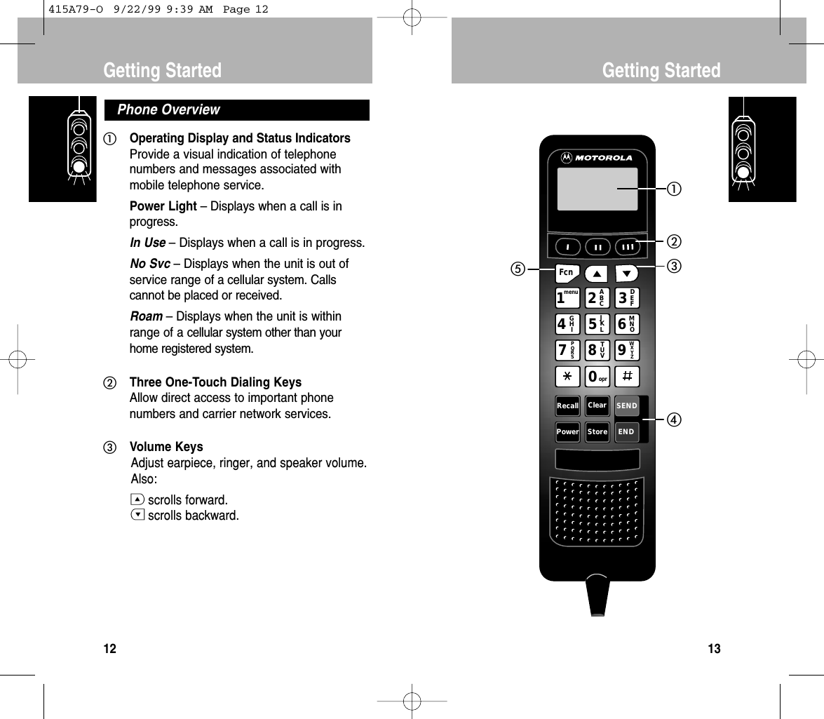 Recall Clear SENDPower Store END1menu2ABC3DEF4GHI5JKL6MNO7PQRS8TUV9WXYZ0oprFcnGetting Started13Operating Display and Status IndicatorsProvide a visual indication of telephonenumbers and messages associated withmobile telephone service.Power Light – Displays when a call is inprogress.In Use – Displays when a call is in progress.No Svc – Displays when the unit is out ofservice range of a cellular system. Callscannot be placed or received.Roam – Displays when the unit is withinrange of a cellular system other than yourhome registered system.Three One-Touch Dialing KeysAllow direct access to important phonenumbers and carrier network services.Volume KeysAdjust earpiece, ringer, and speaker volume.Also:Gscrolls forward.Hscrolls backward.Phone OverviewGetting Started12415A79-O  9/22/99 9:39 AM  Page 12