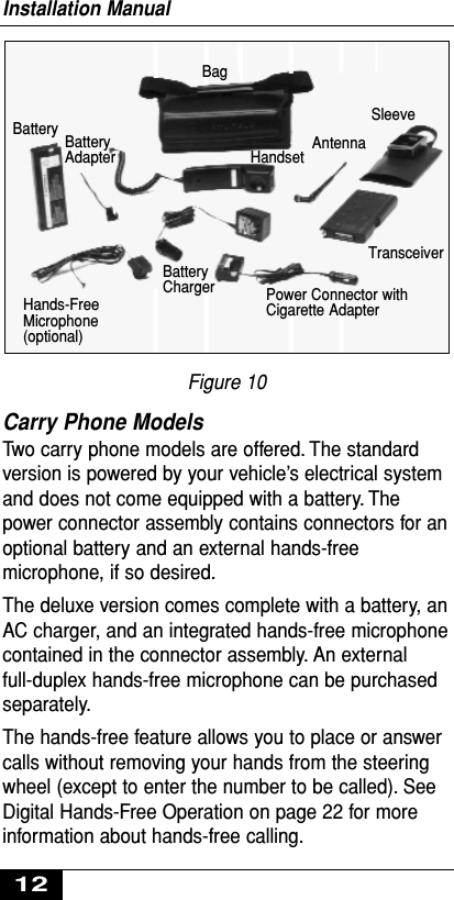 Figure 10Carry Phone ModelsTwo carry phone models are offered. The standardversion is powered by your vehicle’s electrical systemand does not come equipped with a battery. Thepower connector assembly contains connectors for anoptional battery and an external hands-freemicrophone, if so desired.The deluxe version comes complete with a battery, anAC charger, and an integrated hands-free microphonecontained in the connector assembly. An externalfull-duplex hands-free microphone can be purchasedseparately.The hands-free feature allows you to place or answercalls without removing your hands from the steeringwheel (except to enter the number to be called). SeeDigital Hands-Free Operation on page 22 for moreinformation about hands-free calling.Installation Manual12BagHandsetBattery BatteryAdapterHands-FreeMicrophone(optional)AntennaBatteryChargerTransceiverSleevePower Connector with Cigarette Adapter