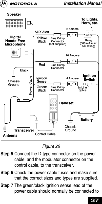 Figure 26Step 5 Connect the D-type connector on the powercable, and the modulator connector on thecontrol cable, to the transceiver.Step 6 Check the power cable fuses and make surethat the correct sizes and types are supplied.Step 7 The green/black ignition sense lead of thepower cable should normally be connected toTo Lights,Horn, etc.2 AmpereBlue CrimpConnector(not supplied)AUX AlertYellow/BlackSpeakerDigitalHands-FreeMicrophone10 AmpereBlue CrimpConnectorBlack4 AmpereBlue CrimpConnectorIgnitionSenseGreen/BlackAntennaTransceiverControl CableHandsetChassisGroundChassisGroundBatteryPower CableRelay(500 mA max.coil rating)RedIgnitionSwitchIn-LineSpliceInstallation Manual37