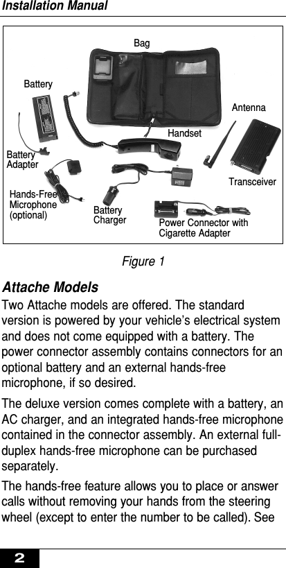 Figure 1Attache ModelsTwo Attache models are offered. The standardversion is powered by your vehicle’s electrical systemand does not come equipped with a battery. Thepower connector assembly contains connectors for anoptional battery and an external hands-freemicrophone, if so desired.The deluxe version comes complete with a battery, anAC charger, and an integrated hands-free microphonecontained in the connector assembly. An external full-duplex hands-free microphone can be purchasedseparately.The hands-free feature allows you to place or answercalls without removing your hands from the steeringwheel (except to enter the number to be called). SeeInstallation Manual2BagHandsetBatteryBatteryAdapterHands-FreeMicrophone(optional)AntennaBatteryChargerTransceiverPower Connector withCigarette Adapter