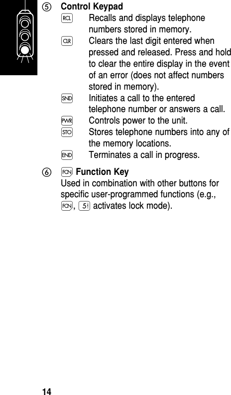 ቦControl Keypad‰ Recalls and displays telephonenumbers stored in memory. Ç Clears the last digit entered whenpressed and released. Press and holdto clear the entire display in the eventof an error (does not affect numbersstored in memory).Í Initiates a call to the enteredtelephone number or answers a call.∏ Controls power to the unit.Ø Stores telephone numbers into any ofthe memory locations.´ Terminates a call in progress.ቧÏ Function Key Used in combination with other buttons forspecific user-programmed functions (e.g.,Ï, ﬁ activates lock mode).Getting Started14