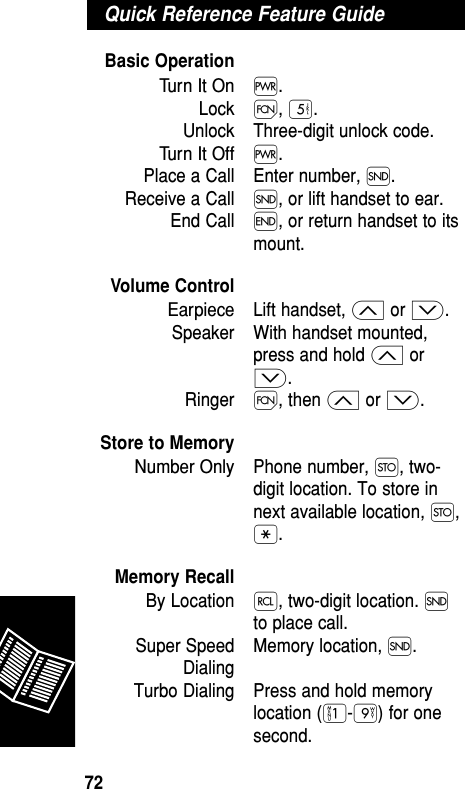 Basic OperationTurn It On ∏.Lock Ï, ﬁ.Unlock Three-digit unlock code.Turn It Off ∏.Place a Call Enter number, Í.Receive a Call Í, or lift handset to ear.End Call ´, or return handset to itsmount.Volume ControlEarpiece Lift handset, ≤ or ≥.Speaker With handset mounted,press and hold ≤ or≥.Ringer Ï, then ≤ or ≥.Store to MemoryNumber Only Phone number, Ø, two-digit location. To store innext available location, Ø,•.Memory RecallBy Location  ‰, two-digit location. Íto place call.Super Speed  Memory location, Í.DialingTurbo Dialing Press and hold memorylocation (⁄-·) for onesecond.Quick Reference Feature GuideReference72