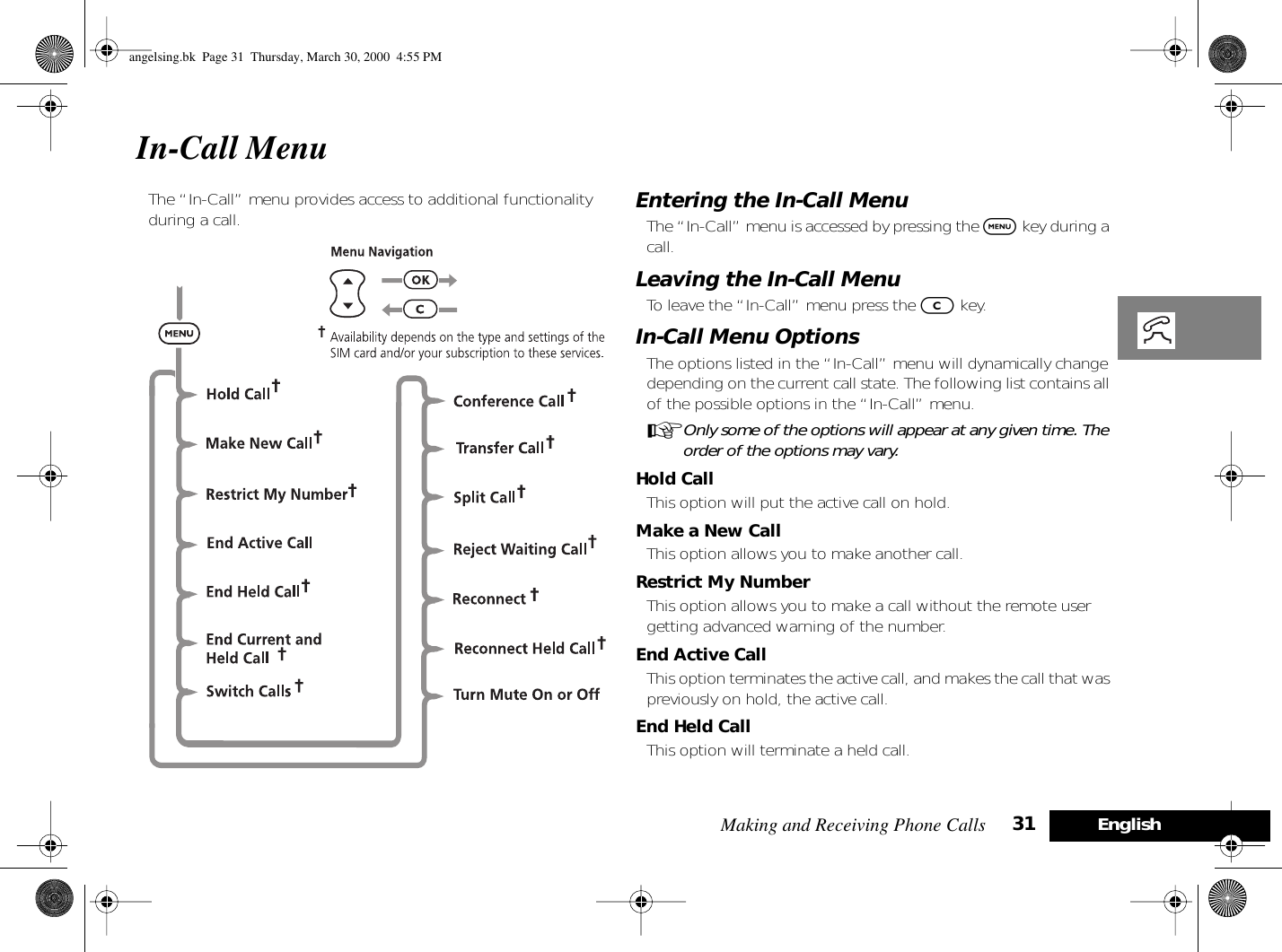 Making and Receiving Phone Calls 31 EnglishIn-Call MenuThe “In-Call” menu provides access to additional functionality during a call. Entering the In-Call MenuThe “In-Call” menu is accessed by pressing the $ key during a call.Leaving the In-Call MenuTo leave the “In-Call” menu press the C key.In-Call Menu OptionsThe options listed in the “In-Call” menu will dynamically change depending on the current call state. The following list contains all of the possible options in the “In-Call” menu.AOnly some of the options will appear at any given time. The order of the options may vary.Hold CallThis option will put the active call on hold.Make a New CallThis option allows you to make another call. Restrict My NumberThis option allows you to make a call without the remote user getting advanced warning of the number.End Active CallThis option terminates the active call, and makes the call that was previously on hold, the active call. End Held CallThis option will terminate a held call.angelsing.bk  Page 31  Thursday, March 30, 2000  4:55 PM