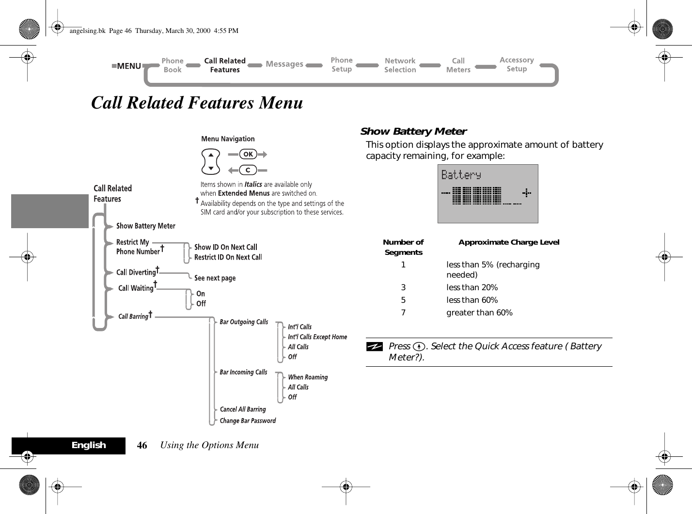 Using the Options Menu46EnglishCall Related Features MenuShow Battery MeterThis option displays the approximate amount of battery capacity remaining, for example:iPress E. Select the Quick Access feature ( Battery Meter?). Number of Segments Approximate Charge Level1 less than 5% (recharging needed)3 less than 20%5 less than 60%7 greater than 60%angelsing.bk  Page 46  Thursday, March 30, 2000  4:55 PM