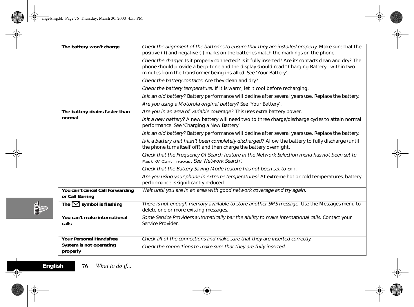 What to do if...76EnglishThe battery won’t charge Check the alignment of the batteries to ensure that they are installed properly. Make sure that the positive (+) and negative (-) marks on the batteries match the markings on the phone.Check the charger. Is it properly connected? Is it fully inserted? Are its contacts clean and dry? The phone should provide a beep-tone and the display should read “Charging Battery” within two minutes from the transformer being installed. See ‘Your Battery’.Check the battery contacts. Are they clean and dry?Check the battery temperature. If it is warm, let it cool before recharging.Is it an old battery? Battery performance will decline after several years use. Replace the battery.Are you using a Motorola original battery? See ‘Your Battery’.The battery drains faster than normal Are you in an area of variable coverage? This uses extra battery power.Is it a new battery? A new battery will need two to three charge/discharge cycles to attain normal performance. See ‘Charging a New Battery’Is it an old battery? Battery performance will decline after several years use. Replace the battery.Is it a battery that hasn’t been completely discharged? Allow the battery to fully discharge (until the phone turns itself off) and then charge the battery overnight.Check that the Frequency Of Search feature in the Network Selection menu has not been set to Fast or Continuous. See ‘Network Search’.Check that the Battery Saving Mode feature has not been set to Off.Are you using your phone in extreme temperatures? At extreme hot or cold temperatures, battery performance is signiﬁcantly reduced.You can’t cancel Call Forwarding or Call Barring Wait until you are in an area with good network coverage and try again.The o symbol is ﬂashing There is not enough memory available to store another SMS message. Use the Messages menu to delete one or more existing messages.You can’t make international calls Some Service Providers automatically bar the ability to make international calls. Contact your Service Provider.Your Personal Handsfree System is not operating properlyCheck all of the connections and make sure that they are inserted correctly. Check the connections to make sure that they are fully inserted.angelsing.bk  Page 76  Thursday, March 30, 2000  4:55 PM