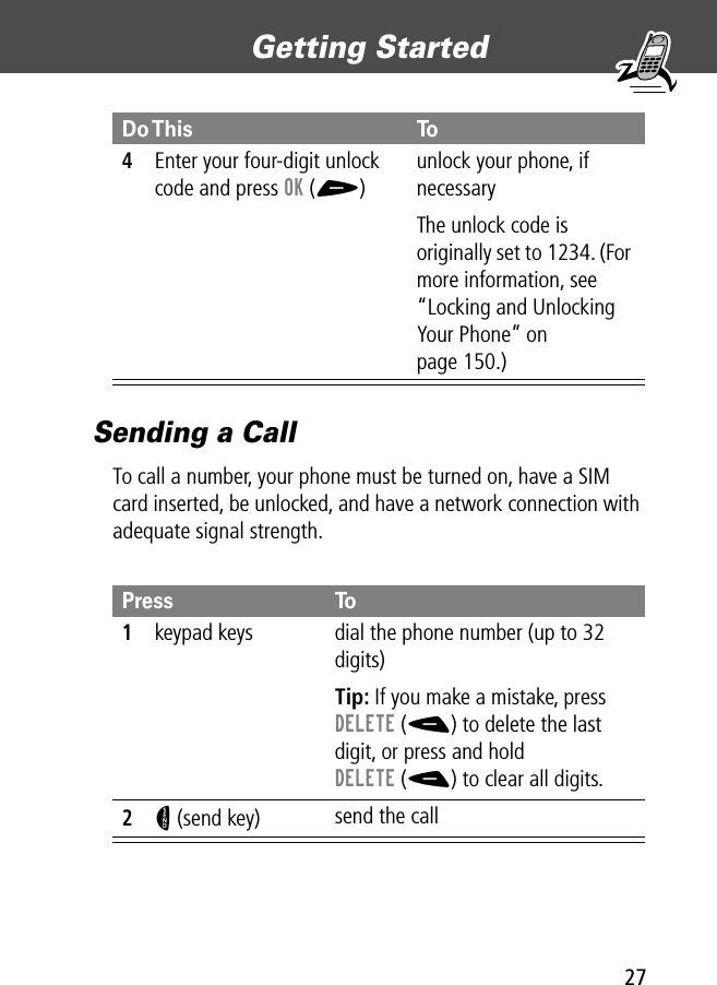 27Getting Started Sending a CallTo call a number, your phone must be turned on, have a SIM card inserted, be unlocked, and have a network connection with adequate signal strength.4Enter your four-digit unlock code and press OK (+)unlock your phone, if necessaryThe unlock code is originally set to 1234. (For more information, see “Locking and Unlocking Your Phone” on page 150.)Press To1keypad keys dial the phone number (up to 32 digits)Tip: If you make a mistake, press DELETE (-) to delete the last digit, or press and hold DELETE (-) to clear all digits.2N (send key) send the callDo This To