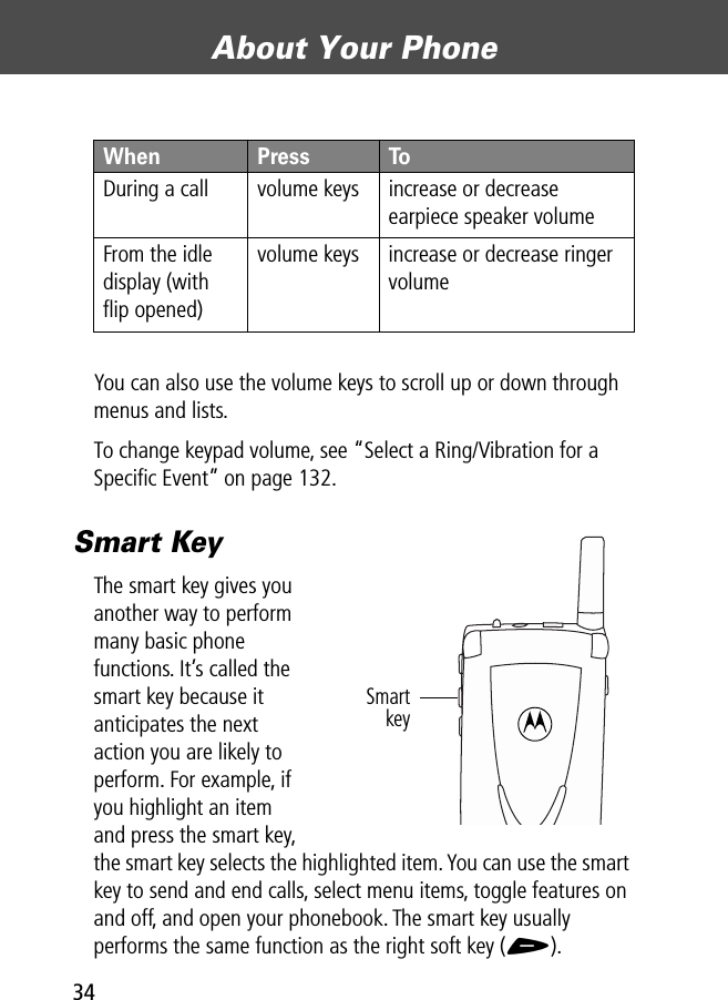 About Your Phone34You can also use the volume keys to scroll up or down through menus and lists.To change keypad volume, see “Select a Ring/Vibration for a Speciﬁc Event” on page 132.Smart KeyThe smart key gives you another way to perform many basic phone functions. It’s called the smart key because it anticipates the next action you are likely to perform. For example, if you highlight an item and press the smart key, the smart key selects the highlighted item. You can use the smart key to send and end calls, select menu items, toggle features on and off, and open your phonebook. The smart key usually performs the same function as the right soft key (+).When  Press ToDuring a call volume keys increase or decrease earpiece speaker volumeFrom the idle display (with ﬂip opened)volume keys increase or decrease ringer volumeSmartkey