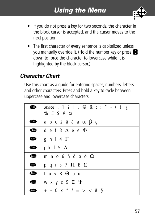 57Using the Menu • If you do not press a key for two seconds, the character in the block cursor is accepted, and the cursor moves to the next position.• The ﬁrst character of every sentence is capitalized unless you manually override it. (Hold the number key or press S down to force the character to lowercase while it is highlighted by the block cursor.)Character ChartUse this chart as a guide for entering spaces, numbers, letters, and other characters. Press and hold a key to cycle between uppercase and lowercase characters.1 space . 1 ? ! , @ &amp; : ; &quot; - ( ) &apos;¿ ¡% £ $ ¥ 2 a b c 2 ä å à α β ç3 d e f 3 ∆ é è Φ4 g h i 4 Γ5 j k l 5 Λ6 m n o 6 ñ ö ø ò Ω7 p q r s 7 Π ß ∑8 t u v 8 Θ ü ù9 w x y z 9 Ξ Ψ0  + - 0 x * / = &gt; &lt; # §