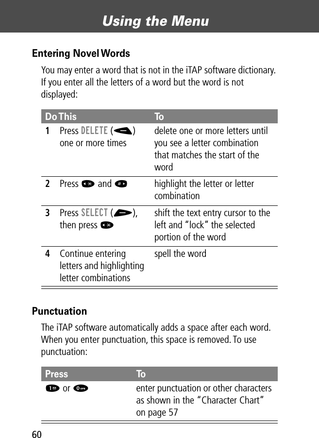 Using the Menu60Entering Novel WordsYou may enter a word that is not in the iTAP software dictionary. If you enter all the letters of a word but the word is not displayed:PunctuationThe iTAP software automatically adds a space after each word. When you enter punctuation, this space is removed. To use punctuation:Do This To1Press DELETE (-) one or more timesdelete one or more letters until you see a letter combination that matches the start of the word2Press * and #  highlight the letter or letter combination3Press SELECT (+), then press * shift the text entry cursor to the left and “lock” the selected portion of the word4Continue entering letters and highlighting letter combinationsspell the wordPress To1 or 0enter punctuation or other characters as shown in the “Character Chart” on page 57