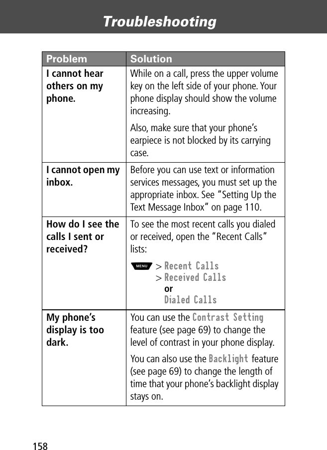 Troubleshooting158I cannot hear others on my phone. While on a call, press the upper volume key on the left side of your phone. Your phone display should show the volume increasing.Also, make sure that your phone’s earpiece is not blocked by its carrying case.I cannot open my inbox. Before you can use text or information services messages, you must set up the appropriate inbox. See “Setting Up the Text Message Inbox” on page 110.How do I see the calls I sent or received? To see the most recent calls you dialed or received, open the “Recent Calls” lists:M&gt; Recent Calls&gt; Received CallsorDialed CallsMy phone’s display is too dark. You can use the Contrast Setting feature (see page 69) to change the level of contrast in your phone display.You can also use the Backlight feature (see page 69) to change the length of time that your phone’s backlight display stays on.Problem Solution