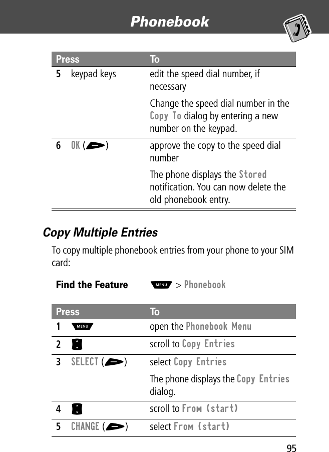 95Phonebook Copy Multiple EntriesTo copy multiple phonebook entries from your phone to your SIM card:5keypad keys edit the speed dial number, if necessaryChange the speed dial number in the Copy To dialog by entering a new number on the keypad.6OK (+) approve the copy to the speed dial numberThe phone displays the Stored notiﬁcation. You can now delete the old phonebook entry.Find the FeatureM&gt; PhonebookPress To1M open the Phonebook Menu2S scroll to Copy Entries3SELECT (+) select Copy EntriesThe phone displays the Copy Entries dialog.4S scroll to From (start)5CHANGE (+) select From (start)Press To