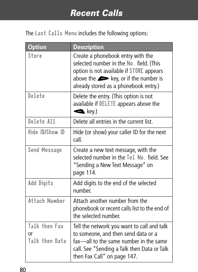 Recent Calls80The Last Calls Menu includes the following options:Option DescriptionStore  Create a phonebook entry with the selected number in the No. ﬁeld. (This option is not available if STORE appears above the + key, or if the number is already stored as a phonebook entry.)Delete Delete the entry. (This option is not available if DELETE appears above the - key.)Delete All Delete all entries in the current list.Hide ID/Show ID  Hide (or show) your caller ID for the next call.Send Message  Create a new text message, with the selected number in the Tel No. ﬁeld. See “Sending a New Text Message” on page 114.Add Digits  Add digits to the end of the selected number.Attach Number  Attach another number from the phonebook or recent calls list to the end of the selected number.Talk then FaxorTalk then DataTell the network you want to call and talk to someone, and then send data or a fax—all to the same number in the same call. See “Sending a Talk then Data or Talk then Fax Call” on page 147.