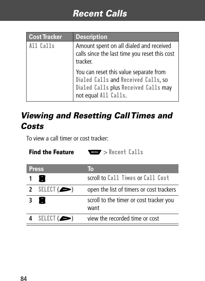 Recent Calls84Viewing and Resetting Call Times and CostsTo view a call timer or cost tracker:All Calls  Amount spent on all dialed and received calls since the last time you reset this cost tracker.You can reset this value separate from Dialed Calls and Received Calls, so Dialed Calls plus Received Calls may not equal All Calls.Find the FeatureM&gt; Recent CallsPress To1S scroll to Call Times or Call Cost2SELECT (+) open the list of timers or cost trackers3S scroll to the timer or cost tracker you want4SELECT (+) view the recorded time or costCost Tracker Description