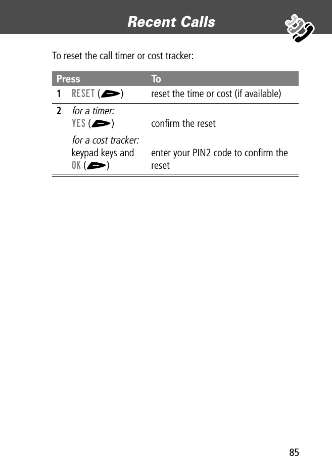 85Recent Calls To reset the call timer or cost tracker:Press To1RESET (+) reset the time or cost (if available)2for a timer:YES (+)for a cost tracker:keypad keys and OK (+)conﬁrm the resetenter your PIN2 code to conﬁrm the reset